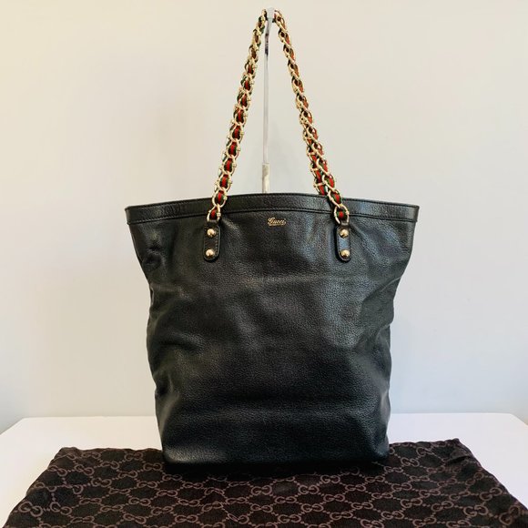 GUCCI VINTAGE PEBBLED LEATHER WITH CHAIN STRAP TOTE BAG W DUST BAG MADE IN ITALY - Picture 1 of 14
